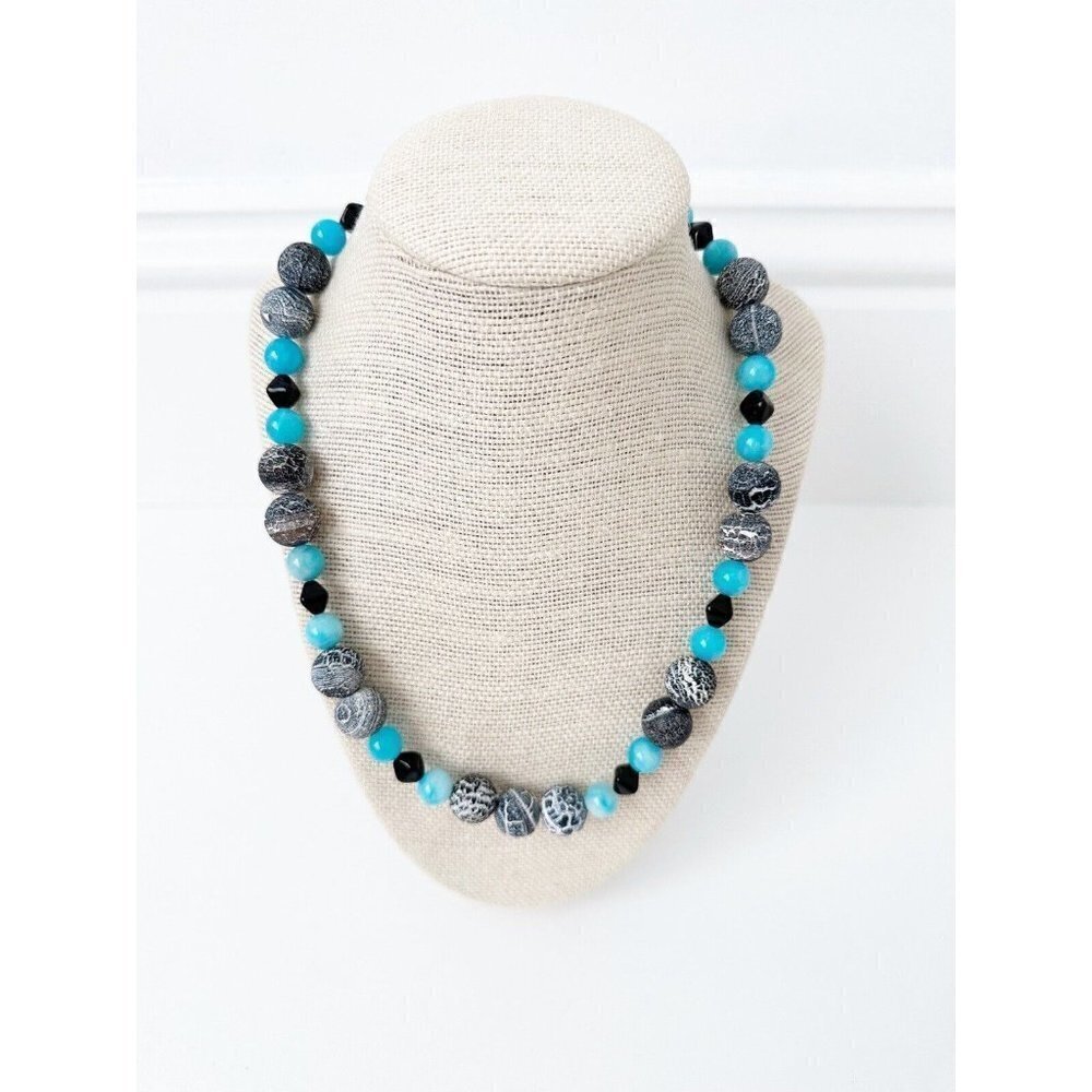 NWT Genuine Onyx & Glass Bead Necklace Blue Black Beaded